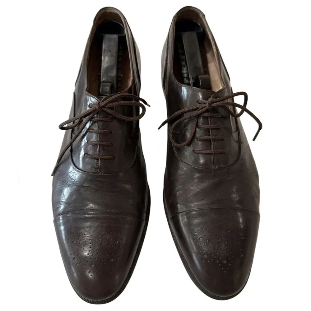 Bally Mens Brown Leather Cap Toe Oxford Lace Up Dress Shoes Size 10 D Italy